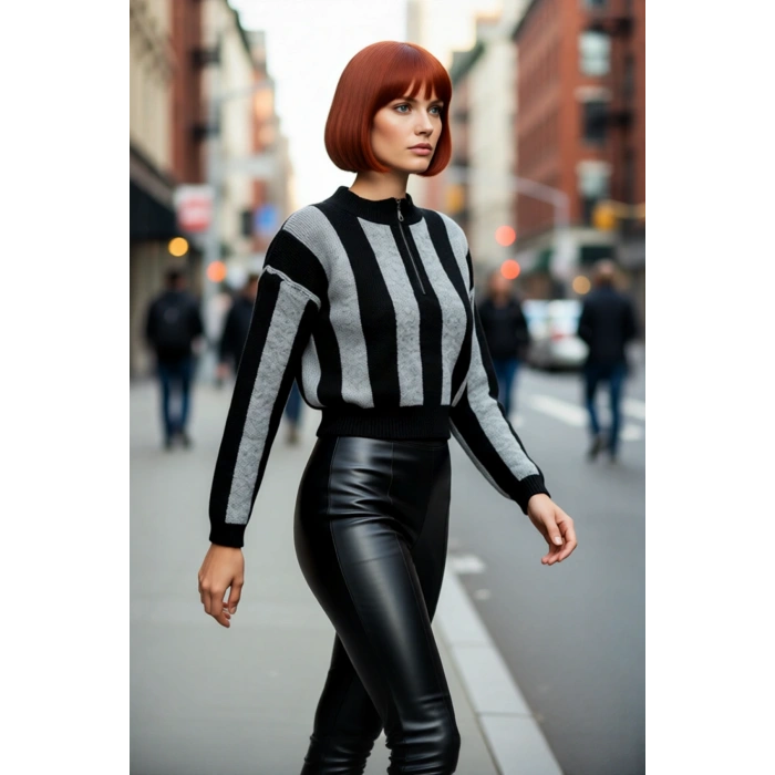 Kadınlar İçin Kışlık Çizgili Crop Triko Kazak Oversize Kesimiyle Fermuarlı Dik Yaka Rahatlığı.