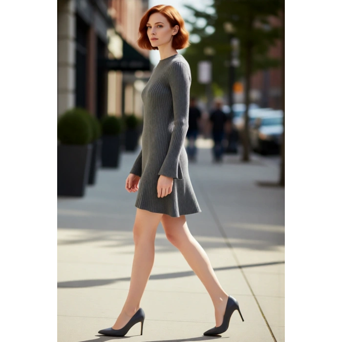 Kadınlar İçin Kışlık Gri A Line Kesim Fitilli Triko Mini Elbise Bisiklet Yaka Uzun Kollu Şıklık