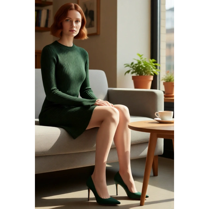 Kadınlar İçin Kışlık Gri A Line Kesim Fitilli Triko Mini Elbise Bisiklet Yaka Uzun Kollu Şıklık