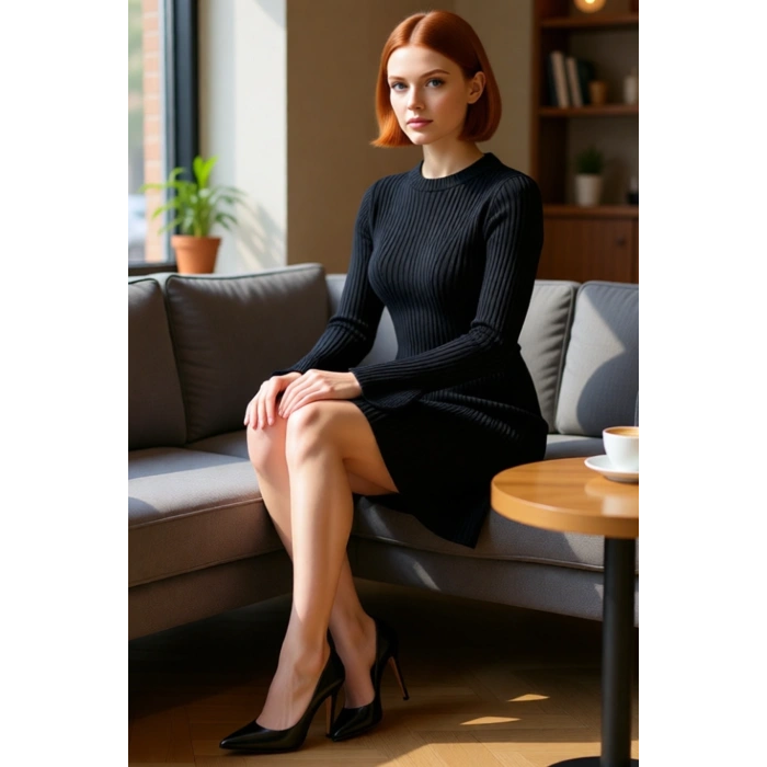 Kadınlar İçin Kışlık Gri A Line Kesim Fitilli Triko Mini Elbise Bisiklet Yaka Uzun Kollu Şıklık