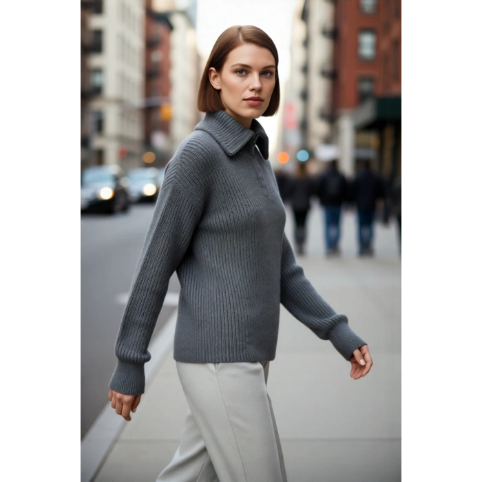 Kadınlar İçin Kışlık Kalın Regular Fit Triko Kazak Düşük Kollu Fermuarlı Dik Yaka Günlük Şıklık