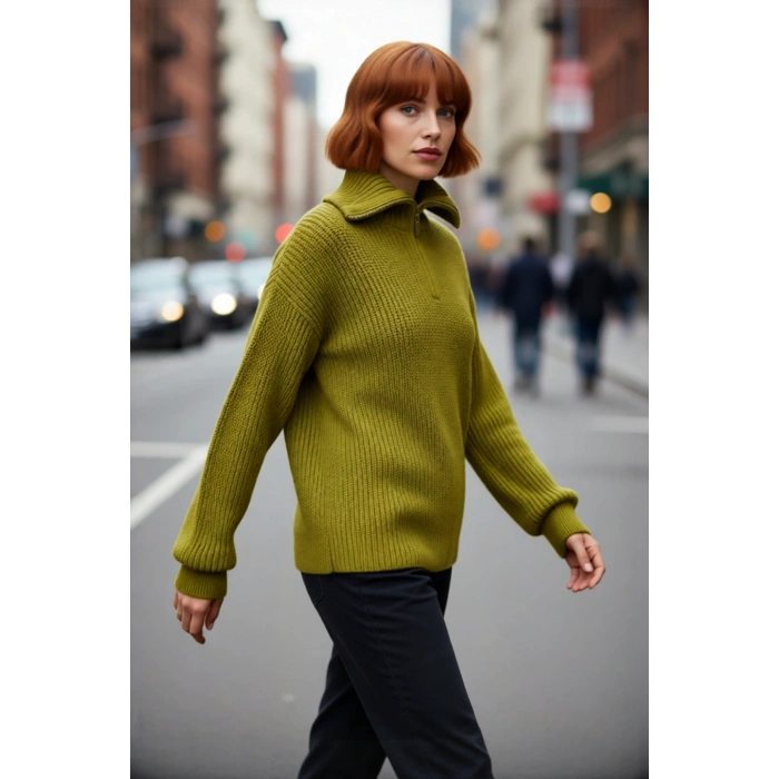 Kadınlar İçin Kışlık Kalın Regular Fit Triko Kazak Düşük Kollu Fermuarlı Dik Yaka Günlük Şıklık