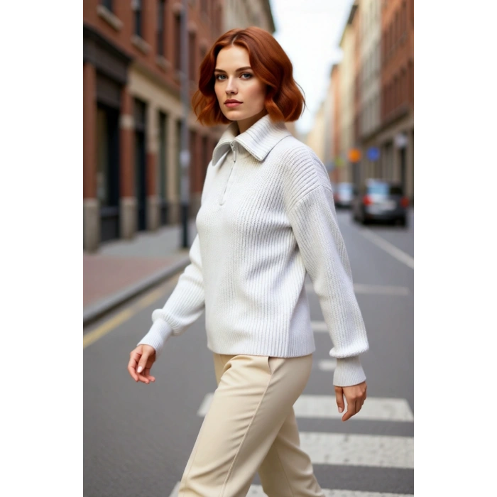 Kadınlar İçin Kışlık Kalın Regular Fit Triko Kazak Düşük Kollu Fermuarlı Dik Yaka Günlük Şıklık