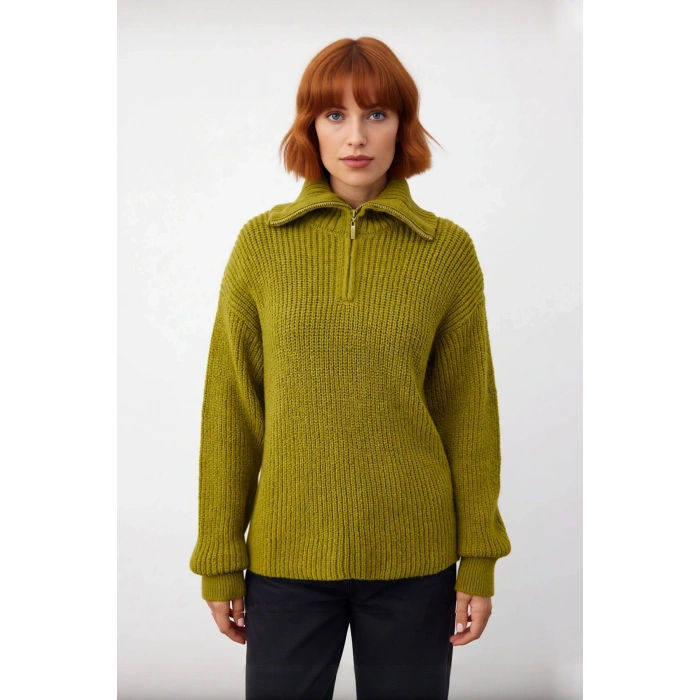 Kadınlar İçin Kışlık Kalın Regular Fit Triko Kazak Düşük Kollu Fermuarlı Dik Yaka Günlük Şıklık