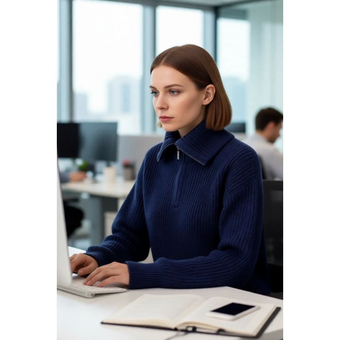 Kadınlar İçin Kışlık Kalın Regular Fit Triko Kazak Düşük Kollu Fermuarlı Dik Yaka Günlük Şıklık
