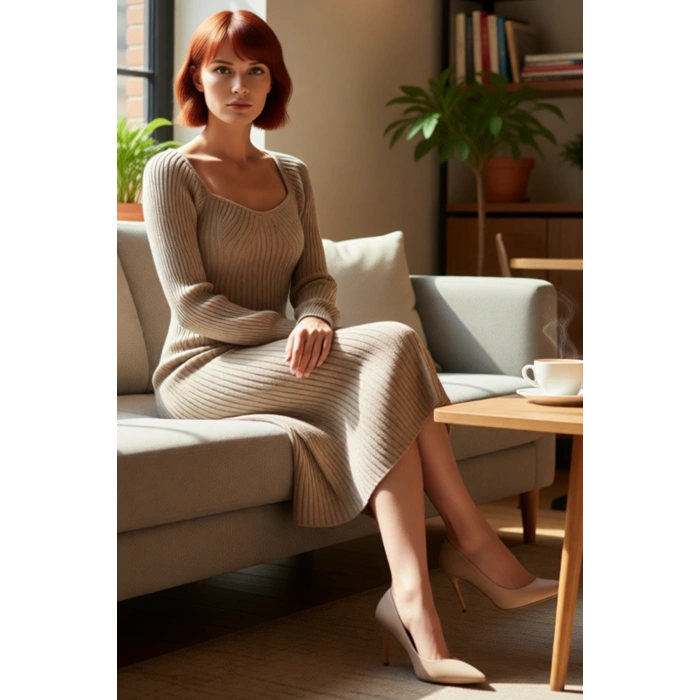 Kadınlar İçin Kışlık Midi Fitilli Triko Elbise Kalp Yaka Tasarımı Ve Uzun Kollu Yapısıyla Kaliteli