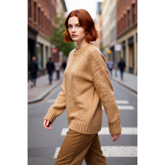 Kadınlar İçin Kışlık Oversize Kahverengi Düz Triko Kazak Düşük Kol Sıcak ve Konforlu Kaliteli