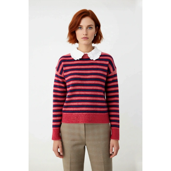 Kadınlar İçin Kışlık Renk Bloklu Triko Kazak Çıkarılabilir Yaka Detaylı Uzun Düşük Kollu Rahat Kalıp