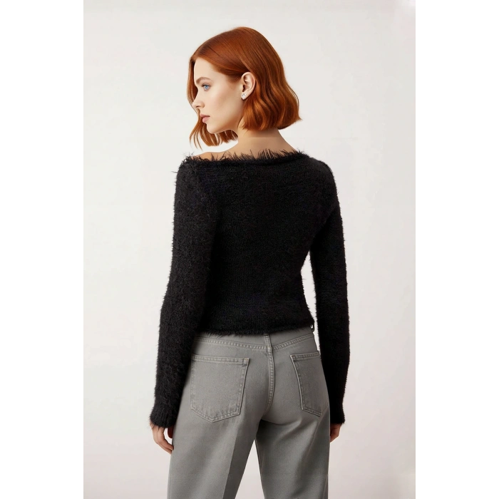 Kadınlar İçin Kışlık Şık Crop Polyester Triko Kazak Kayık Yaka Regular Kalıp Uzun Kollu Gündelik