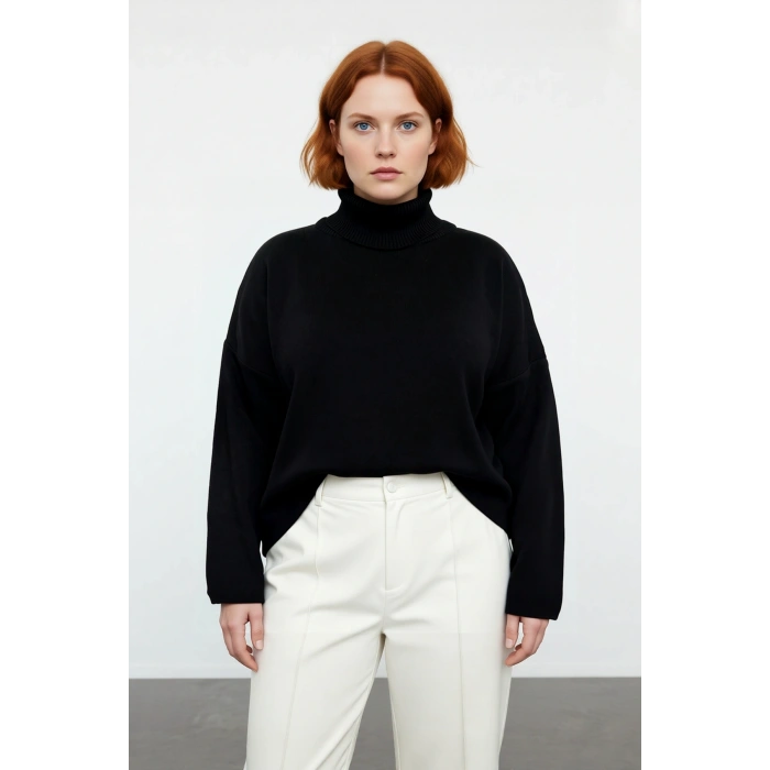 Kadınlar İçin Kışlık Şıklık Sunan Düz Düşük Kol Balıkçı Yaka Akrilik Geniş Kalıp Triko Kazak