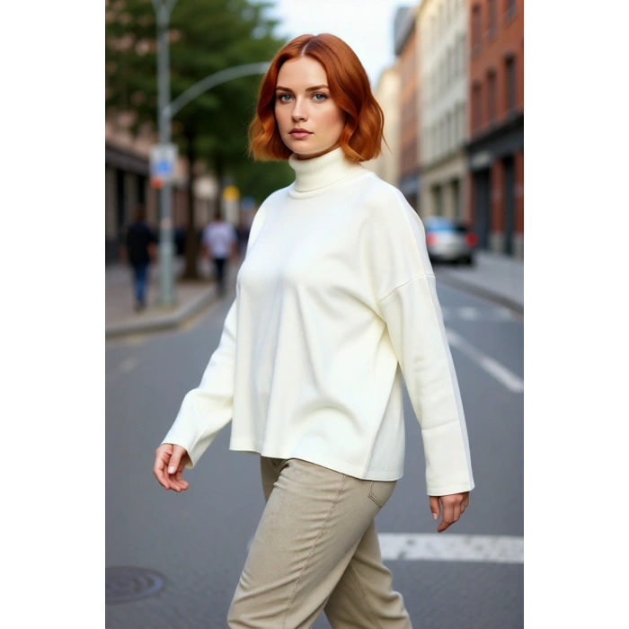 Kadınlar İçin Kışlık Şıklık Sunan Düz Düşük Kol Balıkçı Yaka Akrilik Geniş Kalıp Triko Kazak