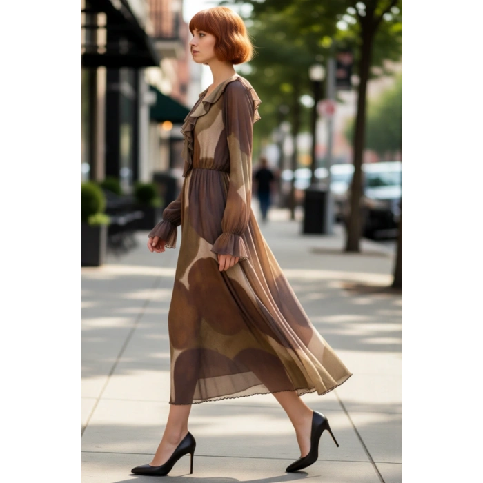 Kadınlar İçin Kışlık Uzun Kollu Fırfırlı V Yaka Soyut Desenli Köpük Dokuma Maxi Elbise Stili.