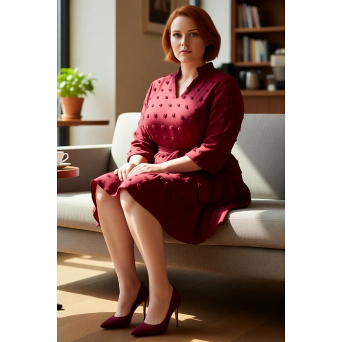 Kadınlar İçin Konforlu A line Bordo Dokuma Dokulu V Yaka Mini Elbise İlkbahar Ve Sonbahar.