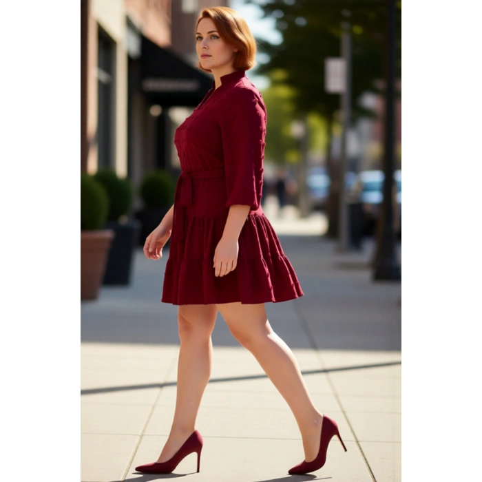Kadınlar İçin Konforlu A line Bordo Dokuma Dokulu V Yaka Mini Elbise İlkbahar Ve Sonbahar.