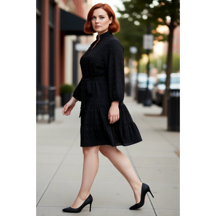 Kadınlar İçin Konforlu A line Bordo Dokuma Dokulu V Yaka Mini Elbise İlkbahar Ve Sonbahar.