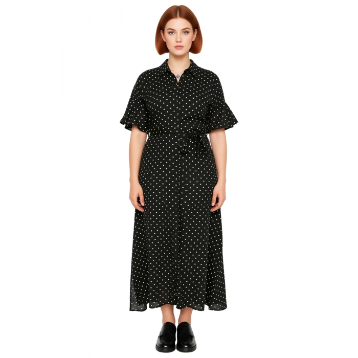 Kadınlar İçin Konforlu A Line Kalıp Dokuma Viskon Maxi Elbise Kuşaklı Gömlek Yaka Tasarım Kaliteli