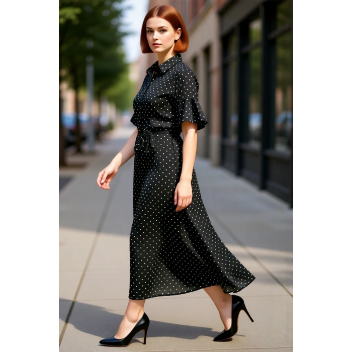 Kadınlar İçin Konforlu A Line Kalıp Dokuma Viskon Maxi Elbise Kuşaklı Gömlek Yaka Tasarım Kaliteli