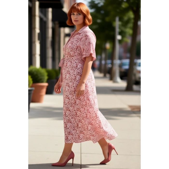 Kadınlar İçin Konforlu A Line Kalıp Dokuma Viskon Maxi Elbise Kuşaklı Gömlek Yaka Tasarım Kaliteli