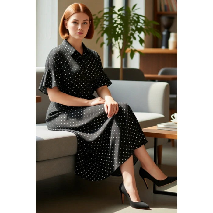 Kadınlar İçin Konforlu A Line Kalıp Dokuma Viskon Maxi Elbise Kuşaklı Gömlek Yaka Tasarım Kaliteli