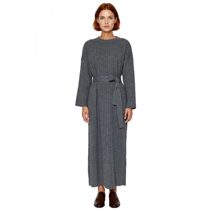 Kadınlar İçin Konforlu Bisiklet Yaka A Line Kuşaklı Triko Maxi Elbise Düz Desen Kışlık Günlük Stil