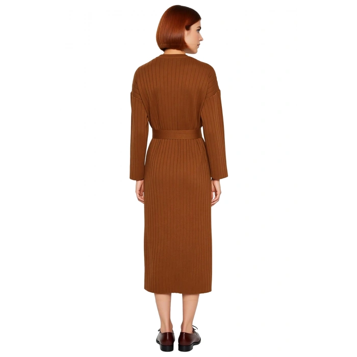 Kadınlar İçin Konforlu Bisiklet Yaka A Line Kuşaklı Triko Maxi Elbise Düz Desen Kışlık Günlük Stil