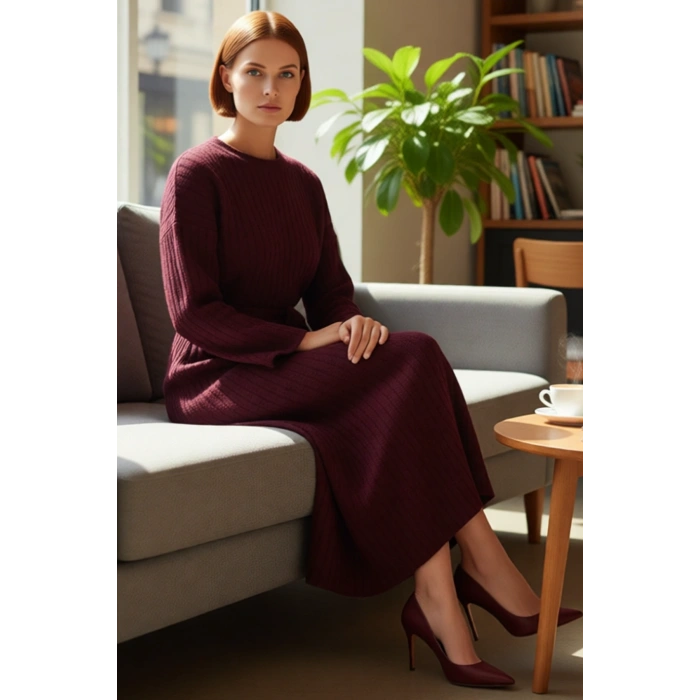 Kadınlar İçin Konforlu Bisiklet Yaka A Line Kuşaklı Triko Maxi Elbise Düz Desen Kışlık Günlük Stil