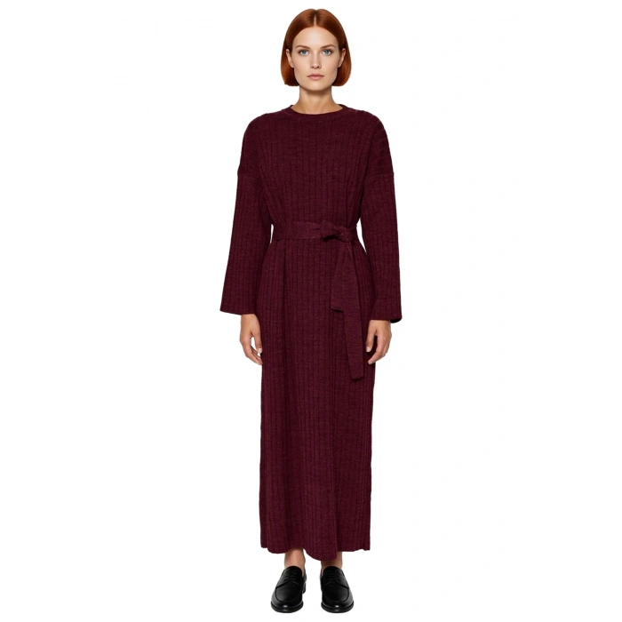 Kadınlar İçin Konforlu Bisiklet Yaka A Line Kuşaklı Triko Maxi Elbise Düz Desen Kışlık Günlük Stil