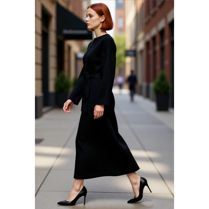 Kadınlar İçin Konforlu Bisiklet Yaka A Line Kuşaklı Triko Maxi Elbise Düz Desen Kışlık Günlük Stil