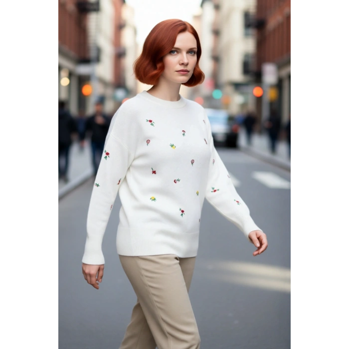 Kadınlar İçin Konforlu Bisiklet Yaka Çiçekli Triko Kazak Regular Kalıp Uzun Kollu Kışlık Şıklık