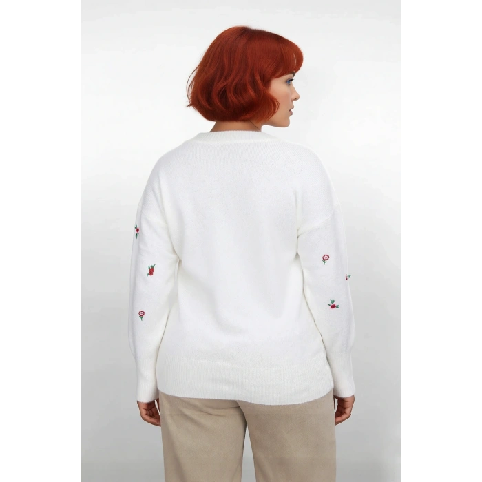 Kadınlar İçin Konforlu Bisiklet Yaka Çiçekli Triko Kazak Regular Kalıp Uzun Kollu Kışlık Şıklık