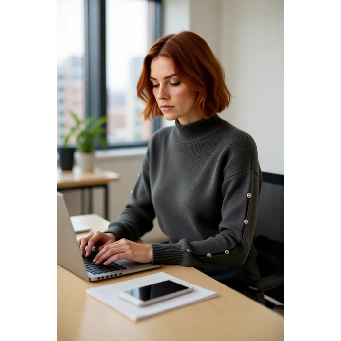 Kadınlar İçin Konforlu Gri Triko Kazak Düşük Kol ve Dik Yaka Tasarımı Düğmeli Kışlık Regular Kalıp