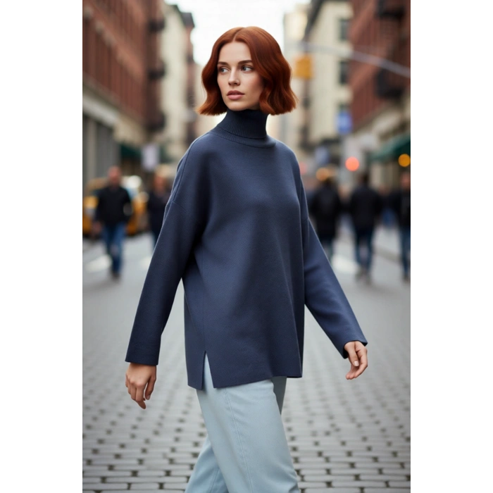 Kadınlar İçin Konforlu Oversize Basic Düşük Kol Balıkçı Yaka Triko Kazak Kış Günleri Şıklığı