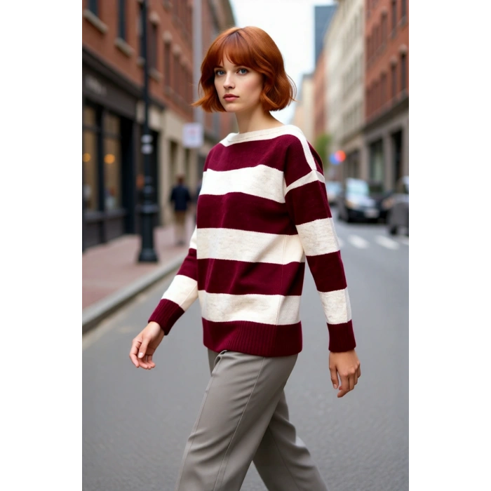 Kadınlar İçin Konforlu Oversize Kayık Yaka Çizgili Triko Kazak Kış Mevsimi Şıklığını Tamamlıyor.