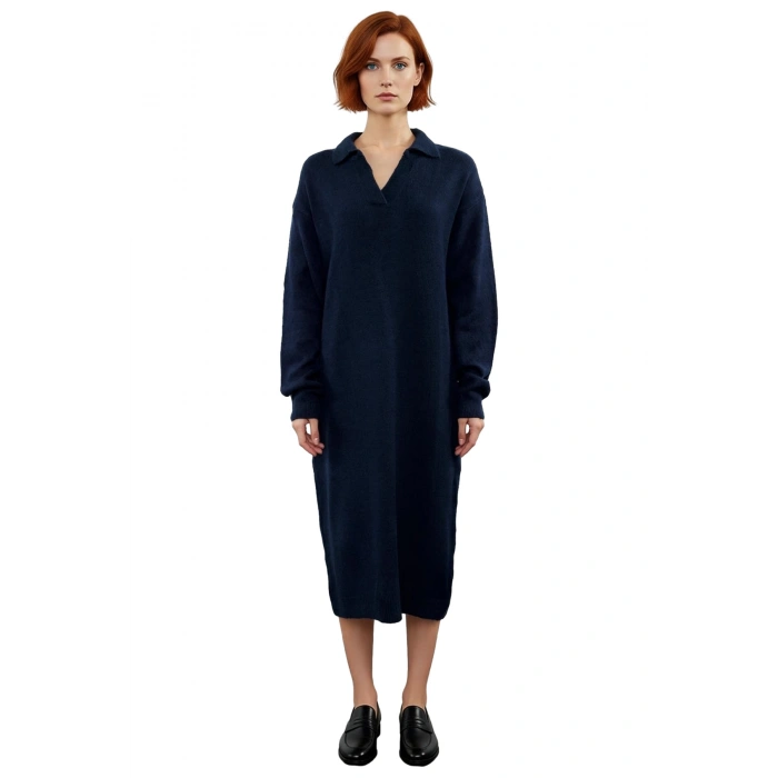 Kadınlar İçin Konforlu Shift Kalıp Triko Elbise Midi Boy Polo Yaka Uzun Kollu Kışlık Casual Şıklık