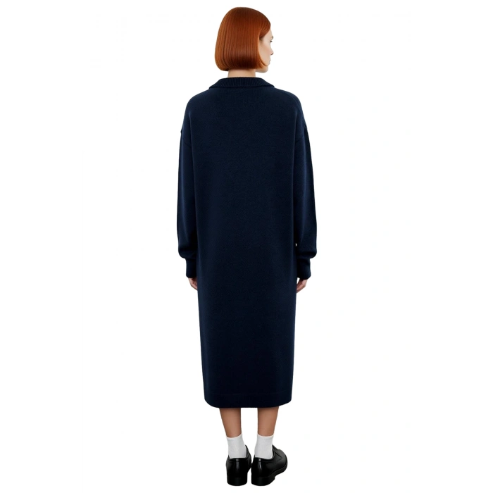 Kadınlar İçin Konforlu Shift Kalıp Triko Elbise Midi Boy Polo Yaka Uzun Kollu Kışlık Casual Şıklık