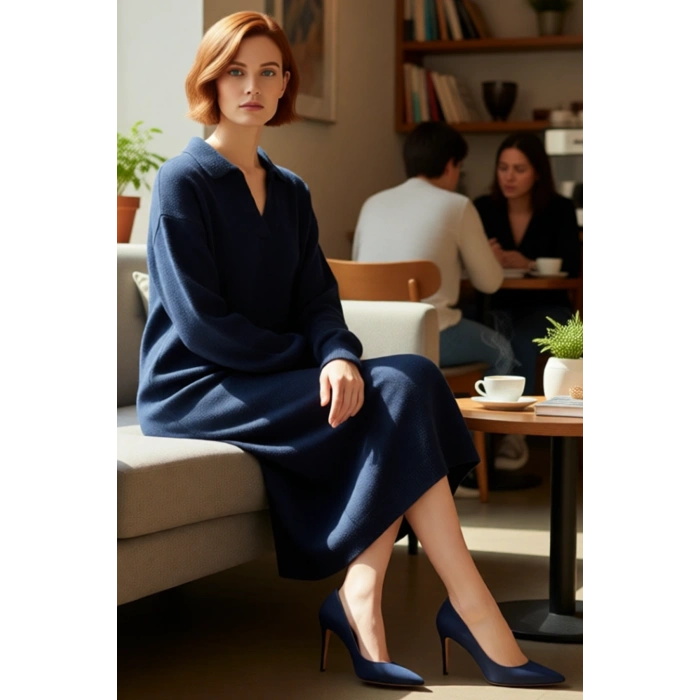 Kadınlar İçin Konforlu Shift Kalıp Triko Elbise Midi Boy Polo Yaka Uzun Kollu Kışlık Casual Şıklık