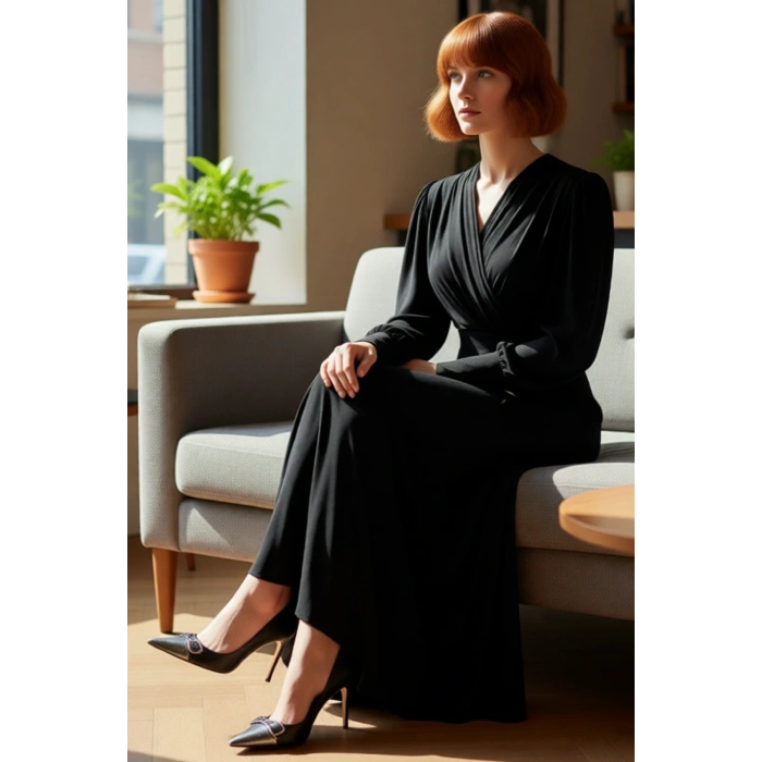 Kadınlar İçin Kruvaze Yaka Balon Kol Düz Desen Maxi Örme Elbise Akışkan Kış Şıklığı Sunuyor