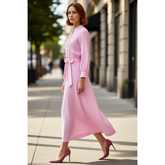 Kadınlar İçin Kuşaklı Uzun Kollu Hakim Yaka %100 Pamuk Düz Dokuma Shift Elbise Rahat ve Şık.