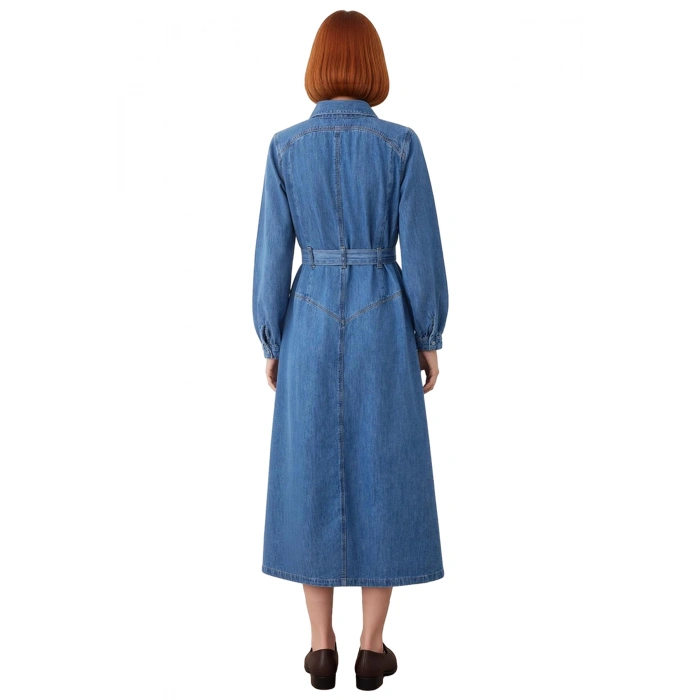 Kadınlar İçin Mavi A Line Gömlek Yaka Kemer Detaylı %100 Pamuk Maxi Denim Elbise İlkbahar Sonbahar