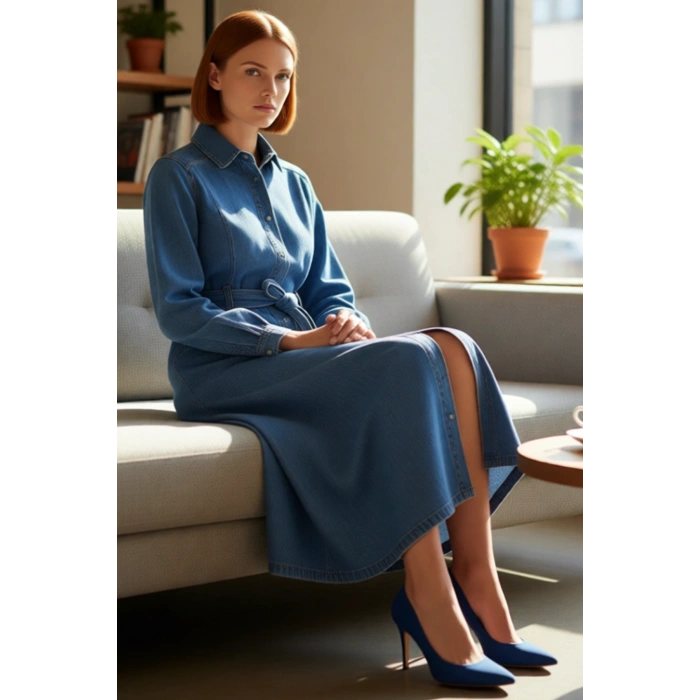 Kadınlar İçin Mavi Gömlek Yaka A Line Kemerli Maxi Denim Elbise %100 Pamuklu Günlük Şıklık