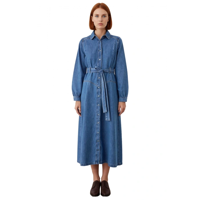 Kadınlar İçin Mavi Gömlek Yaka A Line Kemerli Maxi Denim Elbise %100 Pamuklu Günlük Şıklık