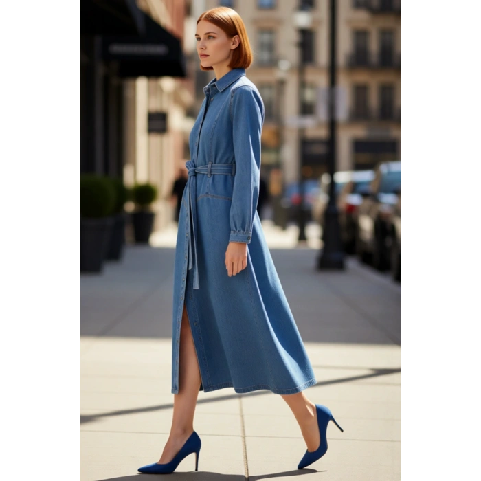 Kadınlar İçin Mavi Gömlek Yaka A Line Kemerli Maxi Denim Elbise %100 Pamuklu Günlük Şıklık