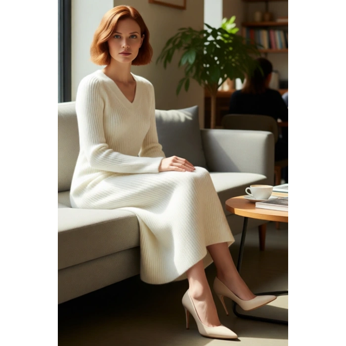 Kadınlar İçin Maxi Boy Bej Triko Elbise V Yaka Uzun Kollu Düz Desen Günlük Şık Rahat Kesim