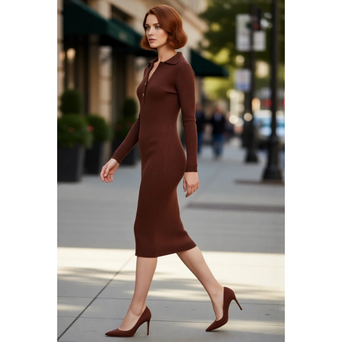 Kadınlar İçin Midi Boy Uzun Kollu Bodycon Triko Elbise Polo Yaka Fitilli Tasarım Şıklığı Sağlar.