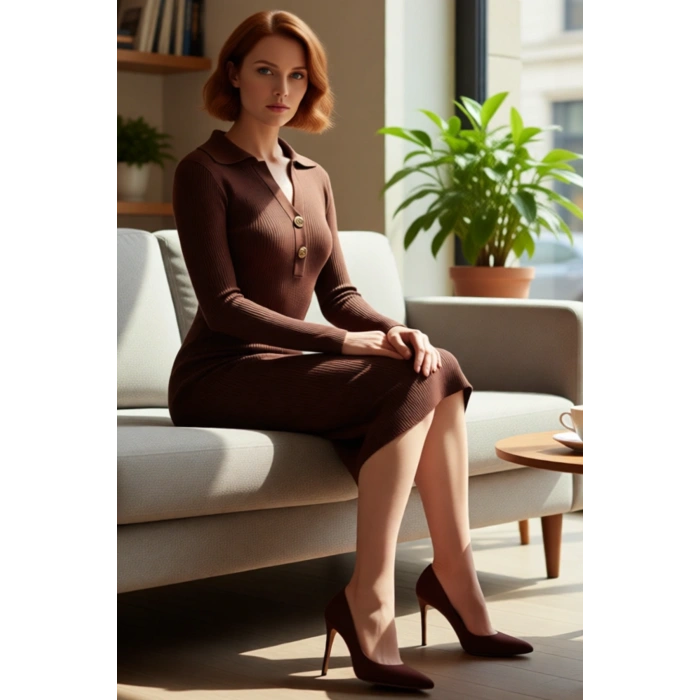 Kadınlar İçin Midi Boy Uzun Kollu Bodycon Triko Elbise Polo Yaka Fitilli Tasarım Şıklığı Sağlar.