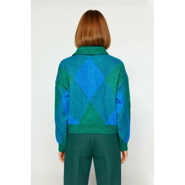 Kadınlar İçin Modern Baklava Desenli Oversize Polo Yaka Triko Kazak Günlük Konforlu Stil Kaliteli