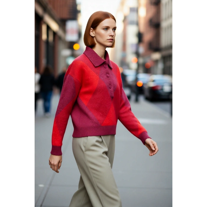 Kadınlar İçin Modern Baklava Desenli Oversize Polo Yaka Triko Kazak Günlük Konforlu Stil Kaliteli