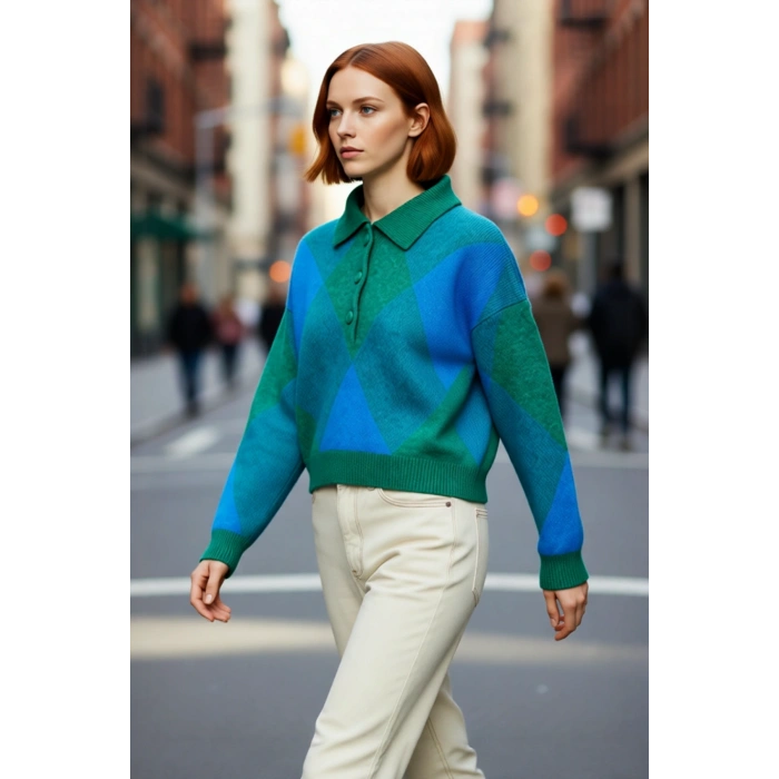 Kadınlar İçin Modern Baklava Desenli Oversize Polo Yaka Triko Kazak Günlük Konforlu Stil Kaliteli