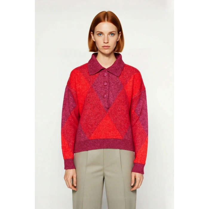 Kadınlar İçin Modern Baklava Desenli Oversize Polo Yaka Triko Kazak Günlük Konforlu Stil Kaliteli