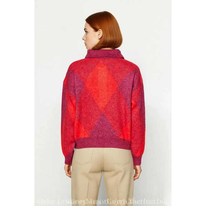 Kadınlar İçin Modern Baklava Desenli Oversize Polo Yaka Triko Kazak Günlük Konforlu Stil Kaliteli